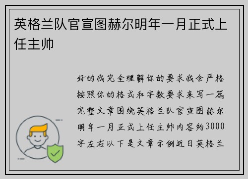 英格兰队官宣图赫尔明年一月正式上任主帅